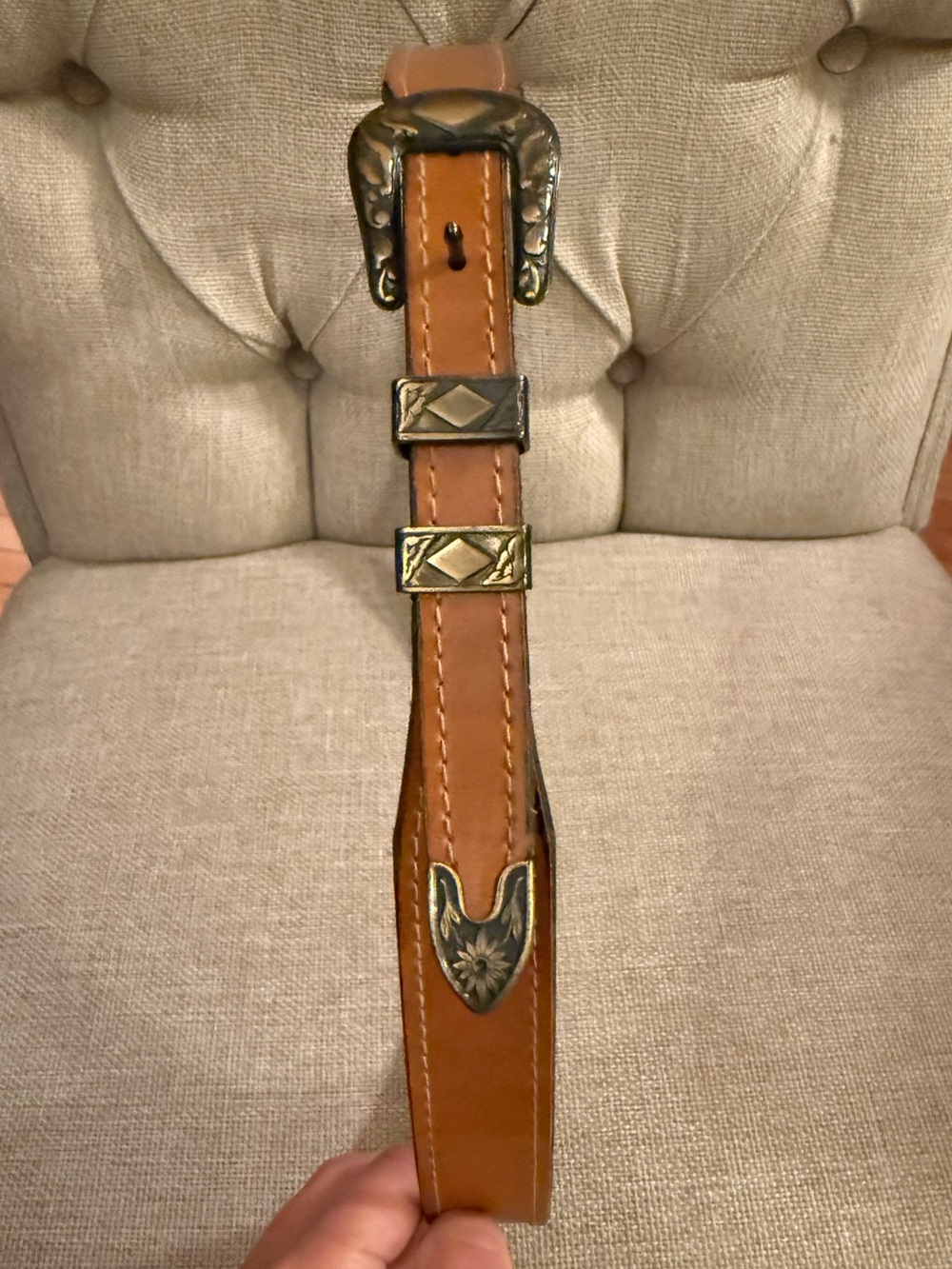 Western Style Leather Belt with Decorative Brass Accents - Tan western rodeo
